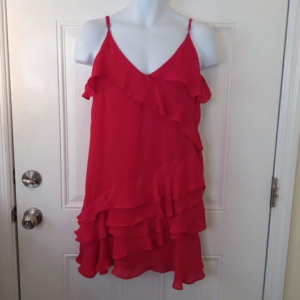 Taylor red fully lined adjustable spaghetti straps dress with ruffles.